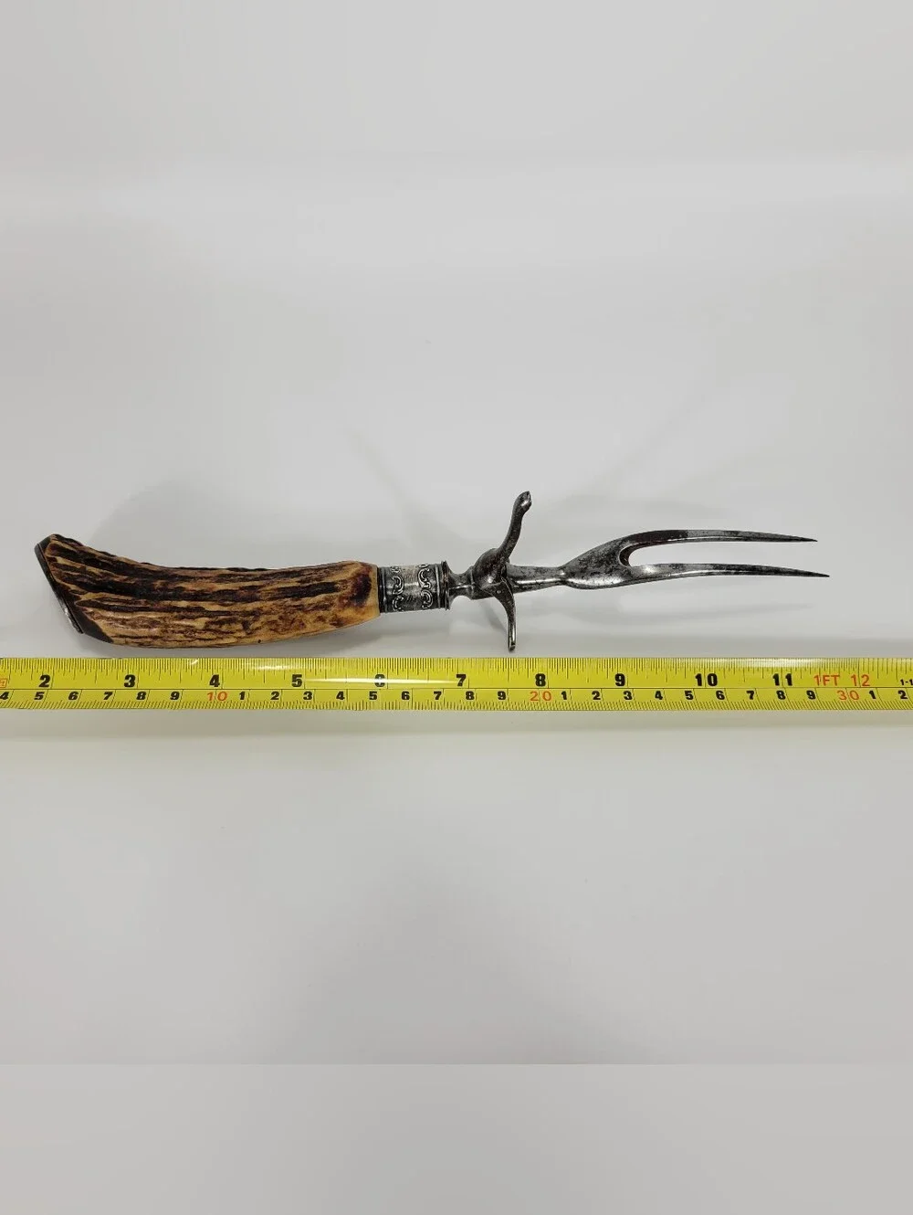 Vintage Sterling Silver Antler Handle Carving Serving Fork Meat Utensil Antique